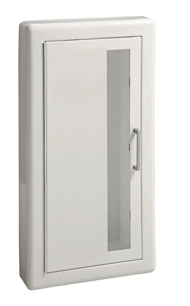 J & L Industries - White Steel Cabinet for 20 lb. Fire Extinguishers with Vertical Window, 2 1/2" Trim, and Semi-Recessed 7 3/4" Depth