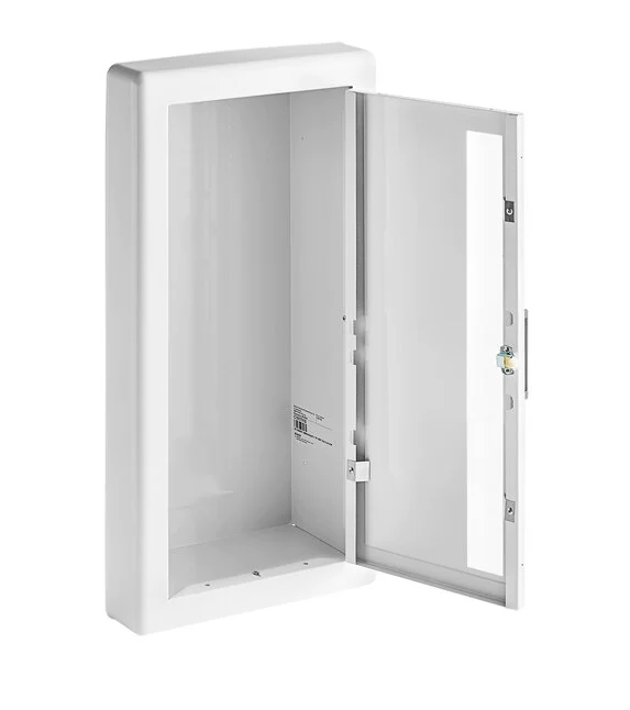 J & L Industries -White Steel Cabinet for 10 lb. Fire Extinguishers with Vertical Window, 3" Trim, and Semi-Recessed 6" Depth
