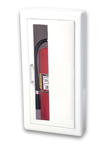 J & L Industries - White Steel Cabinet for 20 lb. Fire Extinguishers with Vertical Window, 2 1/2" Trim, and Semi-Recessed 7 3/4" Depth