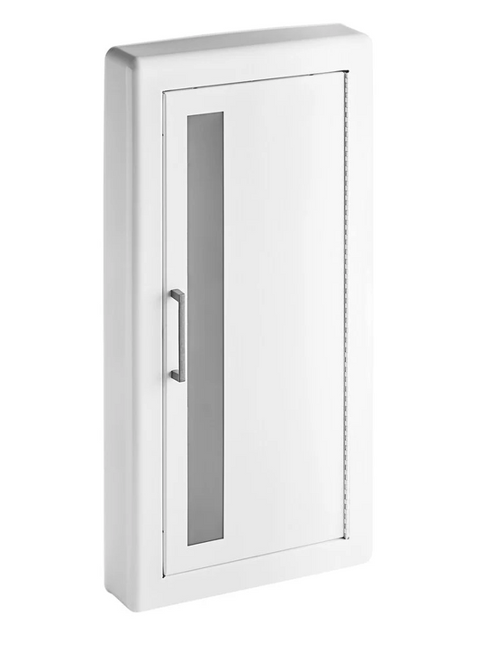 J & L Industries -White Steel Cabinet for 10 lb. Fire Extinguishers with Vertical Window, 3" Trim, and Semi-Recessed 6" Depth